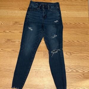 American Eagle Outfitters Dark Blue Distressed High-Rise Skinny Jeans